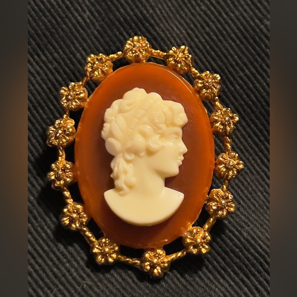 Vintage Sarah Coventry SL Butterscotch Cameo Brooch 2” Large Floral Gold Tone